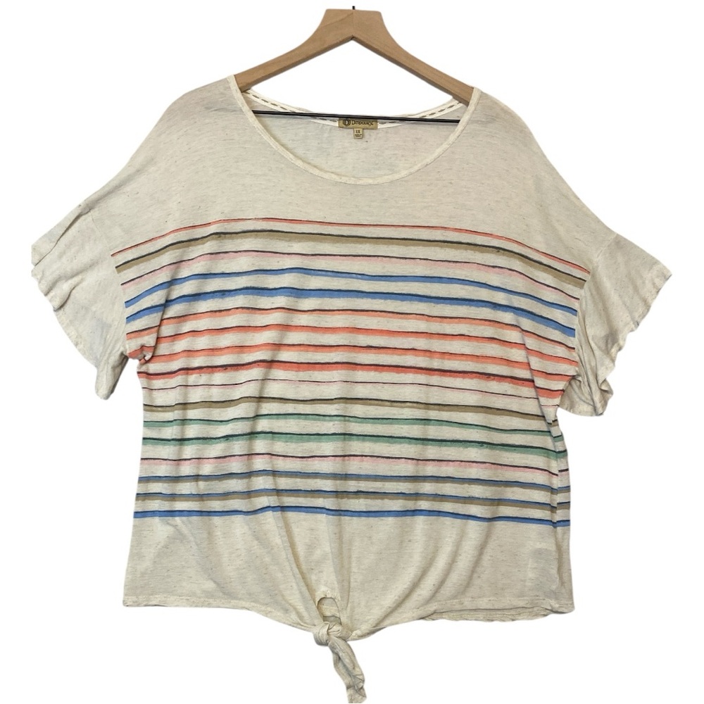Democracy Pastel Stripe Linen Blend Tee Size 1X Tie Bottom Summer Lightweight
